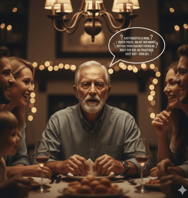 Man at dinner table that can't understand what is being said because of hearing loss
